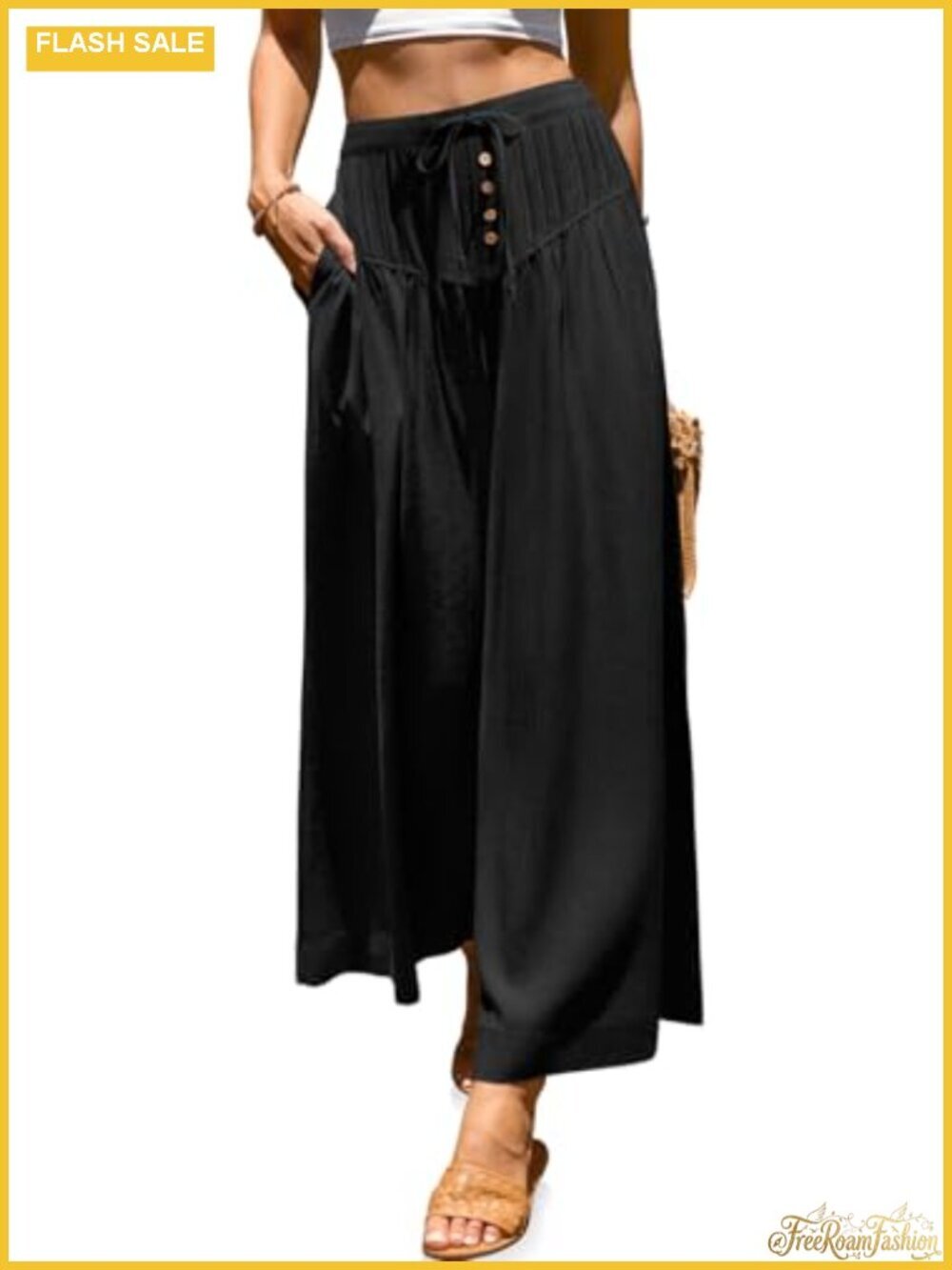 Wide Leg Linen Pants High Waist Elastic Palazzo Trousers Casual